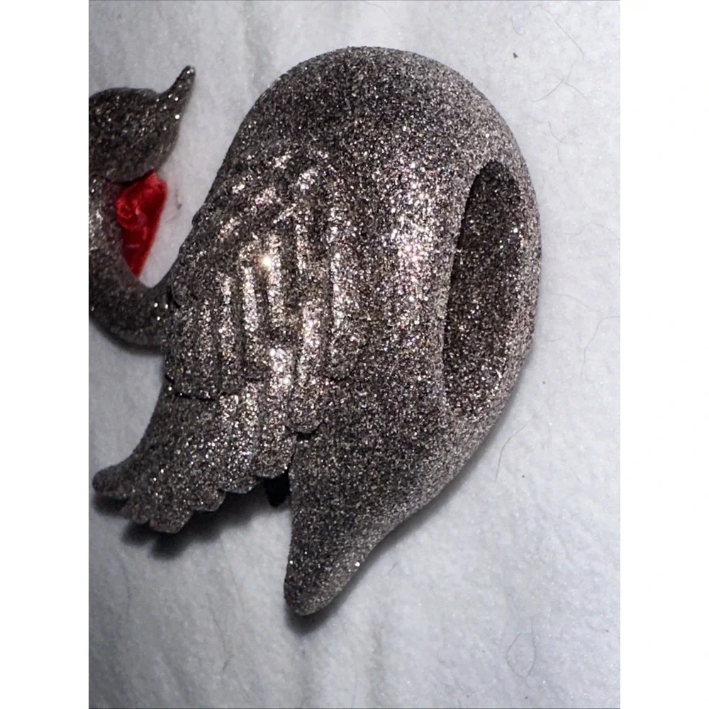 Pier One Imports Christmas Collection Glitter Silver Swan Ornament Red Ribbon